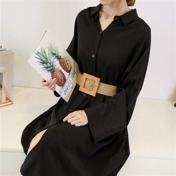 Women Skinny Dress Belt, Fashion Straw Woven Elastic Stretch Waist Band Wood